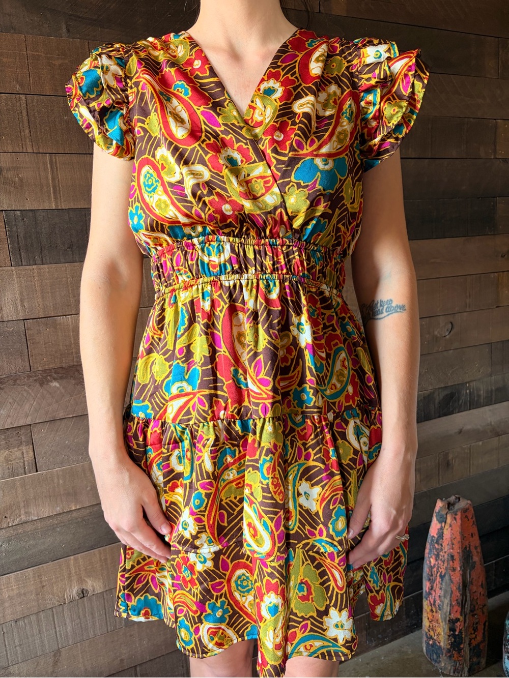entro Multicolor Paisley Tiered Mini Dress in Brown, Red & Blue